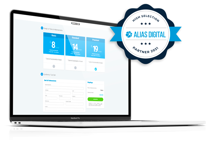partner_1 Computer con schermata della pagina di acquisto dei prodotti e badge di partnership Alias Digital