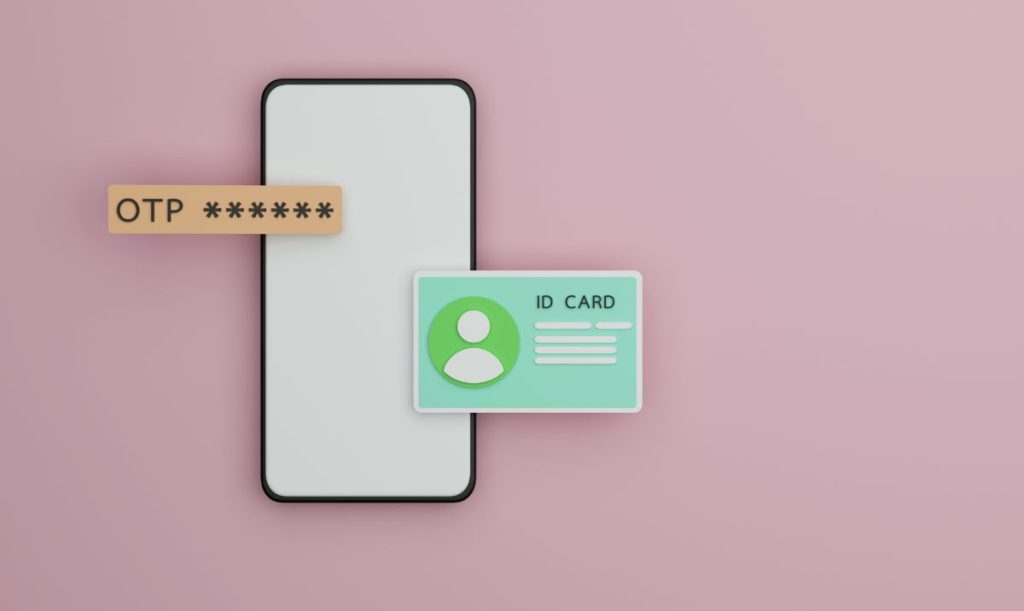 Illustrazione di uno smartphone con avviso di messaggio SMS OTP e informazioni sulla carta d'identità per la registrazione del servizio online