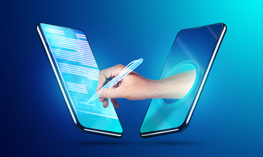 Concetto per firma elettronica, ologramma di una mano maschile che firma un contratto digitale su smartphone.