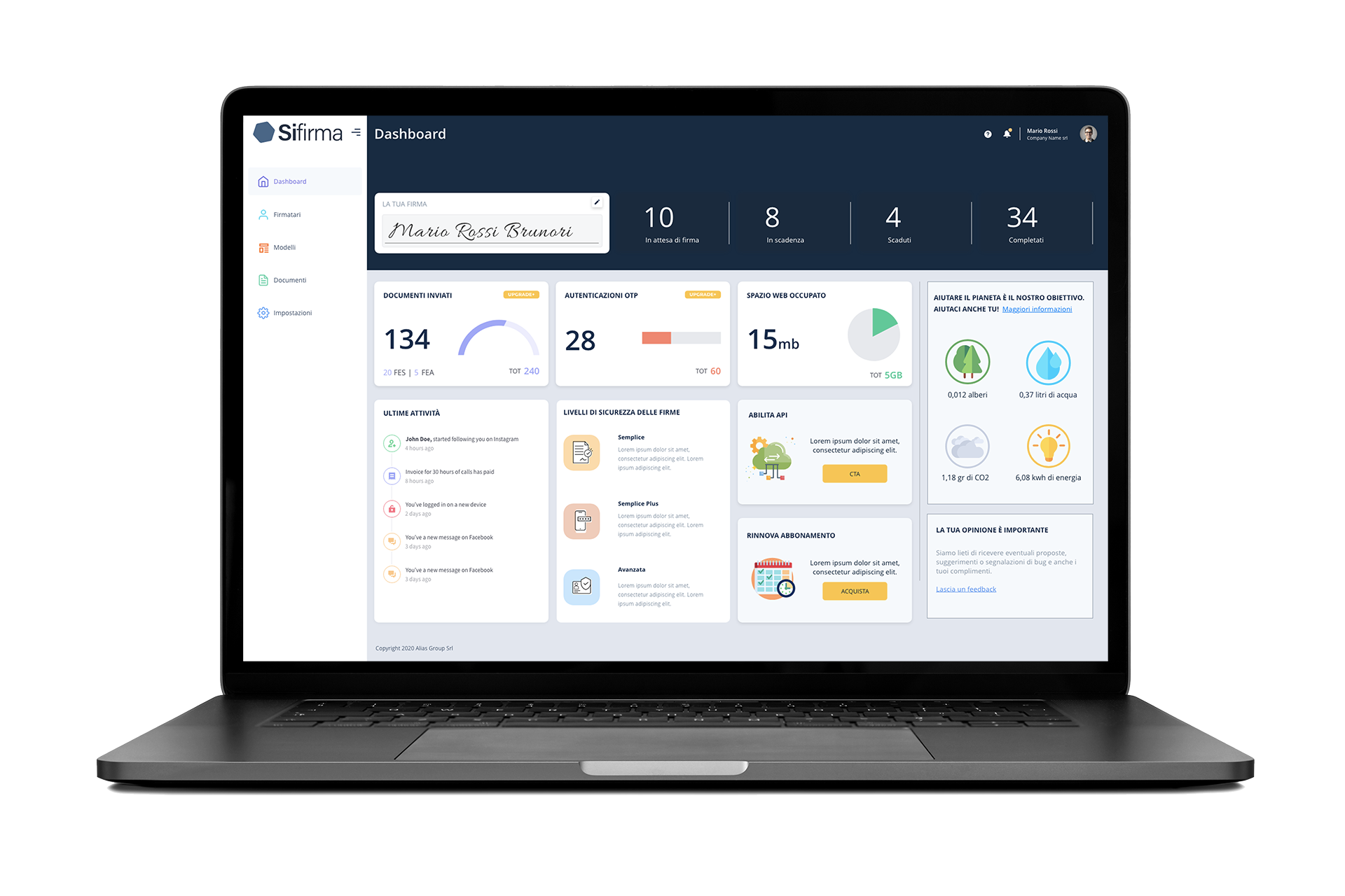 device_sifirma Anteprima schermata dashboard Sifirma su portatile