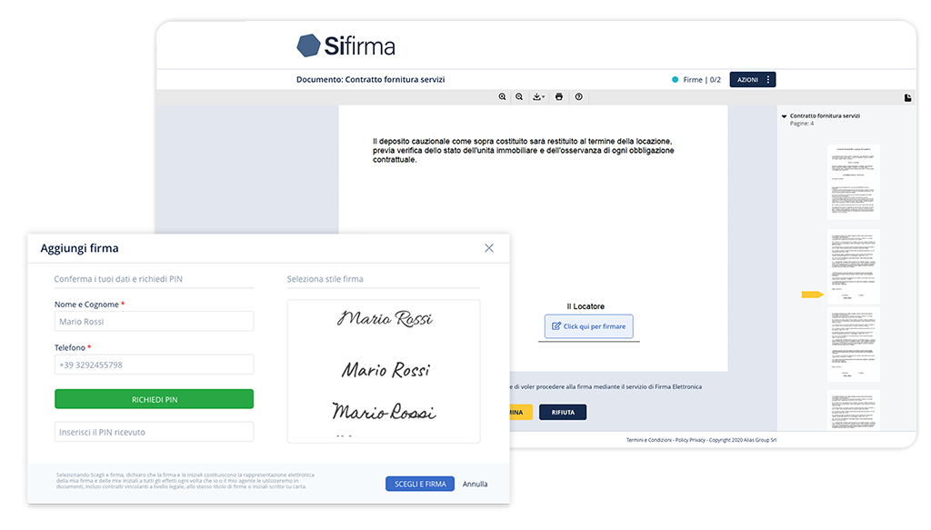 Schermata del portale di apposizione della firma elettronica con Sifirma